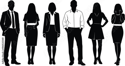 Business people silhouette collection standing in different poses, corporate professionals isolated on white background, office workforce diversity concept