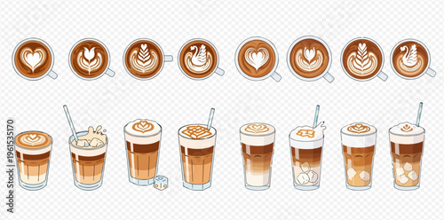 Set of various coffee drinks with latte art and iced coffee in glasses, top view and front view.