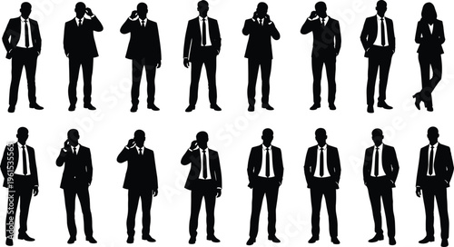 Business people silhouettes collection, corporate professionals talking on phone and standing in formal suits isolated on white background