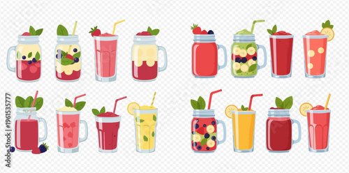 Collection of vibrant fruit smoothies and milkshakes in various glasses and jars, perfect for healthy drink concepts.