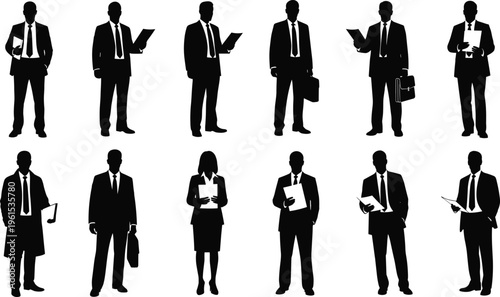 Business people silhouettes set holding documents and briefcases, corporate professionals reading and working isolated on white background, office concept