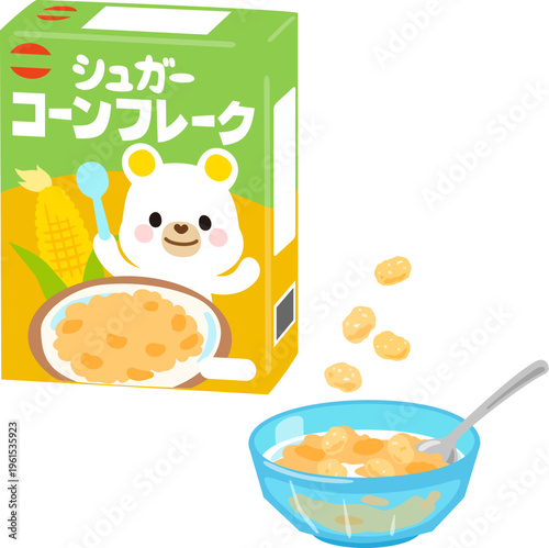 子供向けコーンフレークの箱とボウルに入ったコーンフレーク