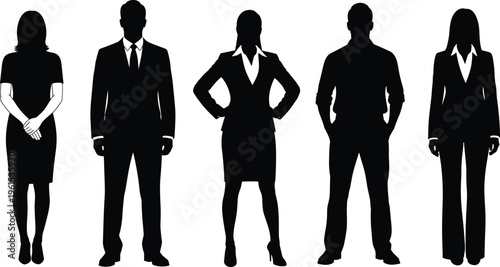 Business people silhouettes set, diverse male and female professionals in formal and casual attire standing poses isolated on white
