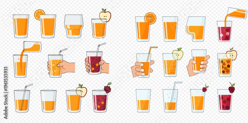 Collection of various fruit juices and drinks in glasses, including orange, apple, and berry, with hands pouring and holding.