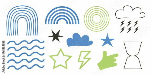 Colorful abstract shapes and weather icons arranged on a white background