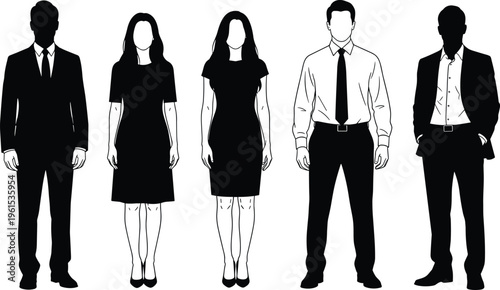 Business people silhouettes set, men and women in formal office attire standing isolated on white background, corporate professional lifestyle concept