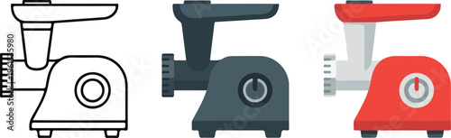Electric meat grinder vector icon set featuring minimalist appliance for kitchen food processing butcher shop and domestic cooking design.