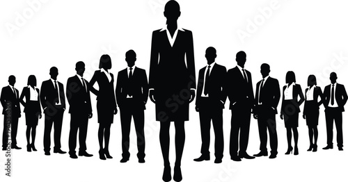Business team silhouettes with female leader standing in front isolated on white background, leadership, empowerment, corporate success, teamwork concept