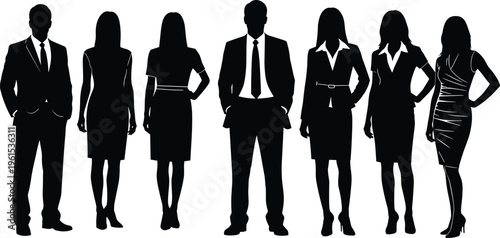 Business team silhouettes set, diverse male and female professionals in formal attire standing together, corporate people characters isolated on white