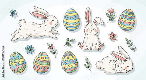 Charming Easter illustration featuring playful bunnies and decorated eggs, surrounded by delicate flowers and leaves.
