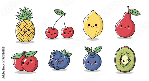 A vibrant collection of eight adorable kawaii-style fruits, including a pineapple, cherries, a lemon, a pear, blueberries, and a kiwi, all with cute smiling faces.