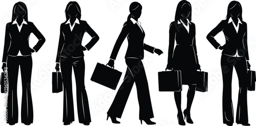 Business women silhouettes set, professional female characters with briefcases in formal attire walking and standing poses isolated on white