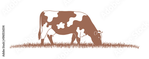Simple line illustration of a cow with prominent spots feeding in a wide natural field.