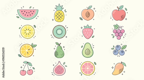 A collection of 16 colorful, flat-design icons representing various fruits, each with a subtle sparkle effect.