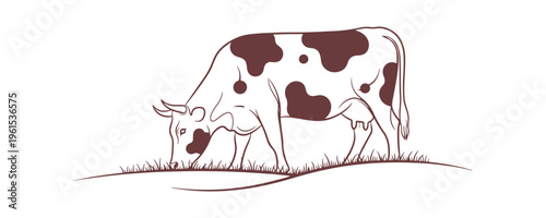 Simple single-line drawing of a large-spotted cow feeding peacefully in a wide meadow on white.