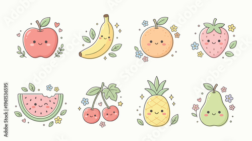 A charming collection of cute, kawaii-style fruits, each with a happy face and surrounded by delicate floral accents, presented in a delightful top-down arrangement.