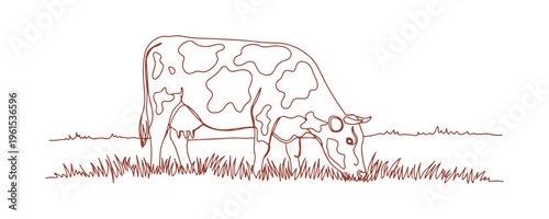 Minimalist line art of a spotted cow calmly grazing in an open grassy field on a white background.