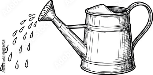 A vintage metal watering can pouring water