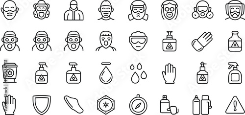 Black line of people wearing masks and protective gear with hygiene and warning symbols