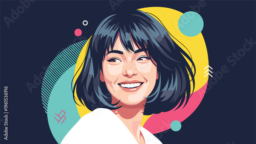 Modern portrait of a smiling woman with black hair against a vibrant background of colorful abstract geometric shapes.