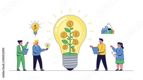 Diverse team of professional people working together around a giant lightbulb with a money tree growing inside it.