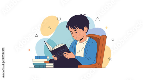 Young boy sitting in a chair and deeply focused on reading a book with a stack of books nearby and abstract shapes in background.