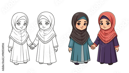 Two young Muslim girls wearing hijabs and long dresses holding hands shown in both coloring page outline and colored versions.
