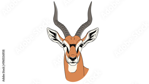 Close up detailed illustration of a gazelle head with long spiral horns facing forward against a clean white background.