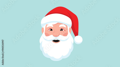 Close up portrait of a cheerful Santa Claus with a big white beard and twinkling eyes smiles warmly on a blue background.