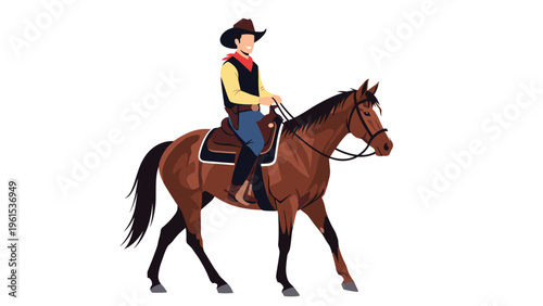 Smiling cowboy in a hat and traditional western attire rides a brown horse across a plain white background with confidence.