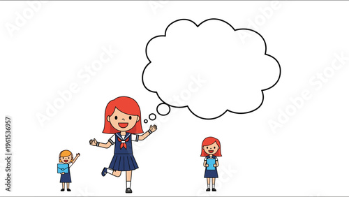 Schoolgirl in uniform stands playfully with a large empty thought bubble while two smaller children wave in the background.