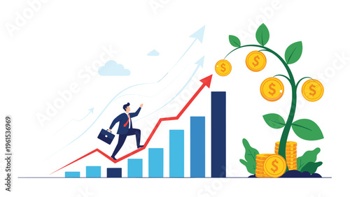 Ambitious businessman runs up an increasing bar chart towards a golden money tree representing financial growth and success.