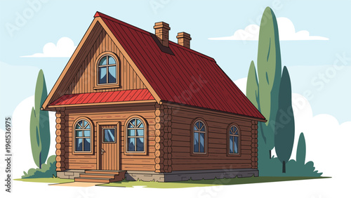 Traditional wooden log house with a red roof stands peacefully in a landscape with tall cypress trees and soft clouds.