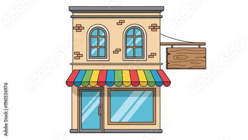 Charming two-story shop front with a colorful striped awning and a blank wooden sign board hanging on the side wall.