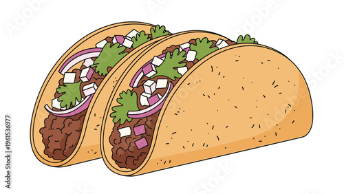 Pair of crispy tacos filled with ground meat cheese cubes red onions and fresh cilantro garnish on a white background.