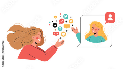Two women interact through a cloud of social media and communication icons representing digital connection and networking.