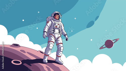 Brave astronaut stands on the surface of the moon looking out at the vast blue space with stars and a distant planet.