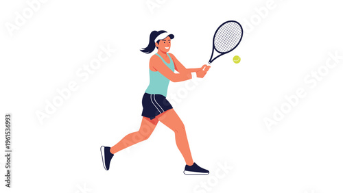 Athletic woman in sports gear about to hit a tennis ball with her racket during a match on a clear white background.