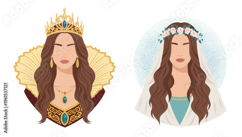 Side-by-side comparison of a royal queen with a golden crown and a beautiful bride wearing a delicate floral wreath.