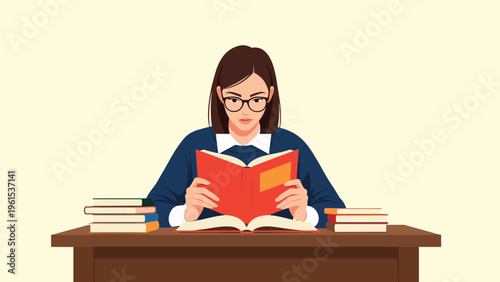 Young woman wearing glasses diligently reading a red book at a wooden desk surrounded by stacks of textbooks and literature.