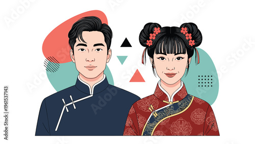 Portrait of a young man and woman wearing traditional Chinese attire with stylized geometric shapes in the background.