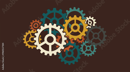 Colorful gears illustration on a dark background, representing mechanics and industry.