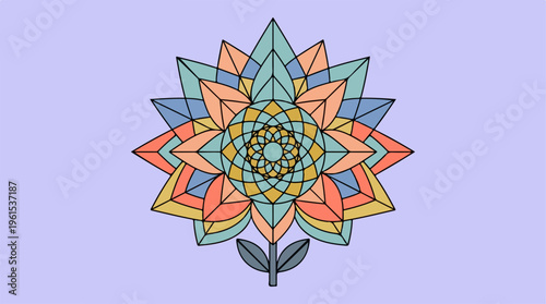Colorful geometric flower mandala design on a light purple background.
