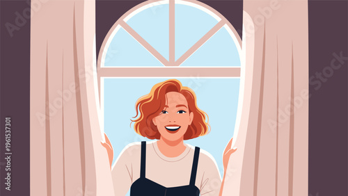 Joyful young woman with short red hair smiling as she opens the curtains of a window to look out at the bright sky.