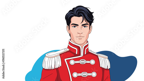 Portrait of a handsome young man dressed in a formal red military style ceremonial uniform with white fringed epaulettes.