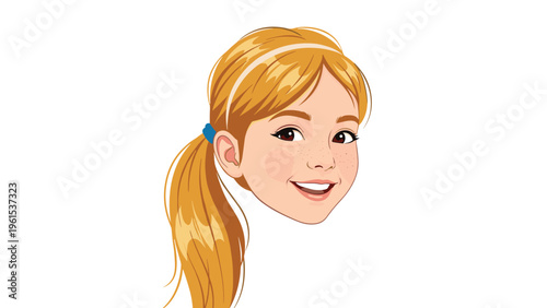 Portrait of a cheerful young girl with blonde hair tied in a ponytail and freckles on her face against a white background.
