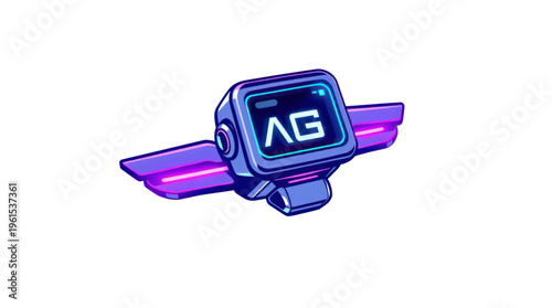 Futuristic Glowing Device with Neon Purple Wings and a Digital Screen Displaying Ag