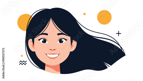 Headshot of a smiling young woman with long black hair blowing in the breeze against a background with yellow circles.