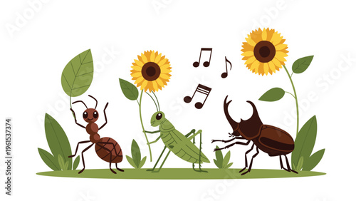 Playful scene with an ant, grasshopper, and beetle dancing among tall sunflowers with musical notes in the air.