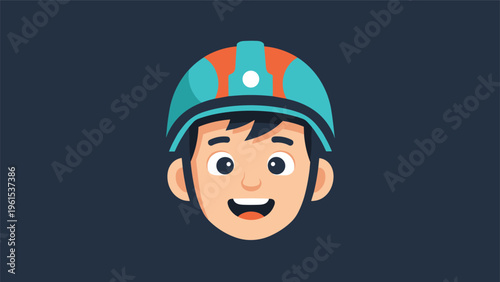 Close up portrait of a happy boy wearing a blue and orange safety helmet for sports or work on a dark blue background.